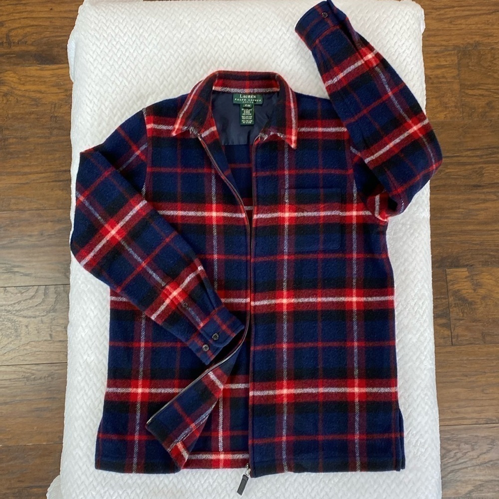 LAUREN Ralph Lauren Pure Wool Full Zip Longsleeve Flannel Jacket Shacket